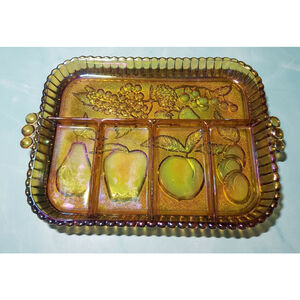 Carnival Iridescent Glass Vintage Amber Indiana Glass Company Divided Fruit Tray